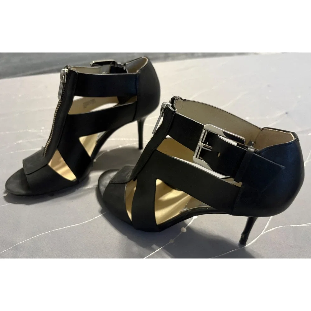 Michael Kors Black Leather Zipper Cage Heels Sandals PW14J Womens 6.5M